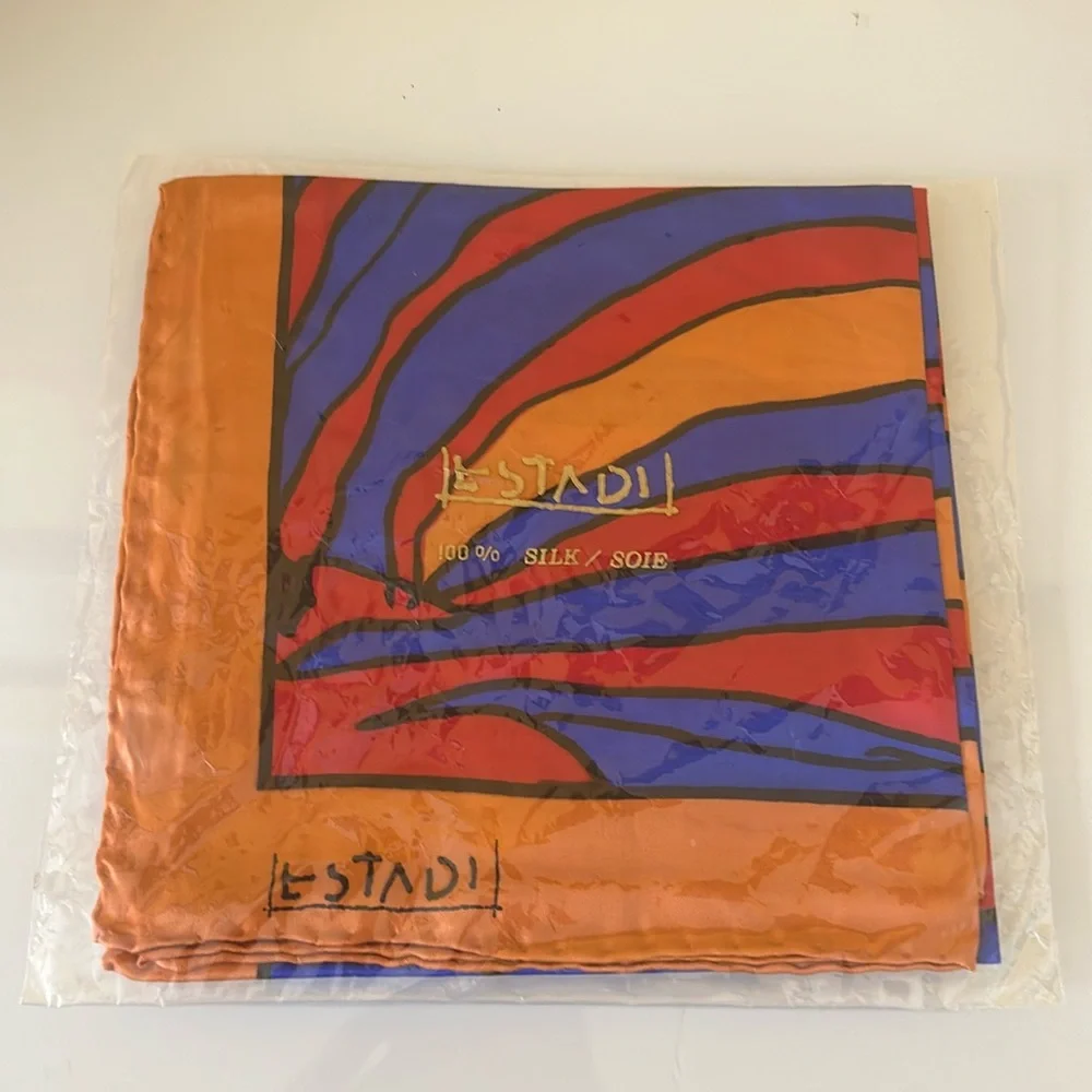 Estadi 100% Silk Twill Orange Red Blue Abstract Print Scarf Hand Rolled Hem NEW